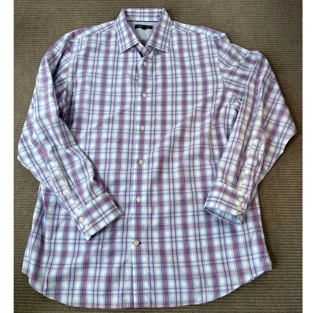 Banana Republic Mens XL Non-Iron Slim Fit Plaid Button Down Shirt Rose Mist Blue